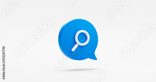 Search 3d icon magnifying glass isolated on white background with blue speech bubble message find symbol simple concept or magnification loupe discovery equipment and inspect review analysis web sign.