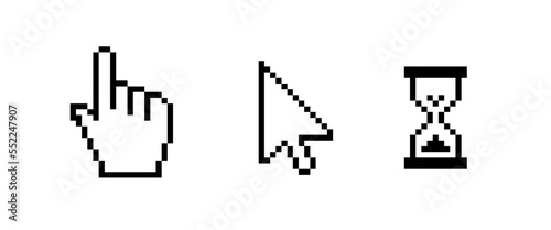 Cursor Arrow, Hand Click and Hourglass Loading or Waiting Icons. Classical Windows Xp, 95. 