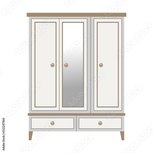 Closed wardrobe. Vector illustration of cabinet with hanging clothes hangers and drawers isolated on white