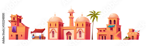 Arab city buildings, islamic town houses, castle and market. Old traditional arabic architecture, stone muslim buildings isolated on white background, vector cartoon illustration