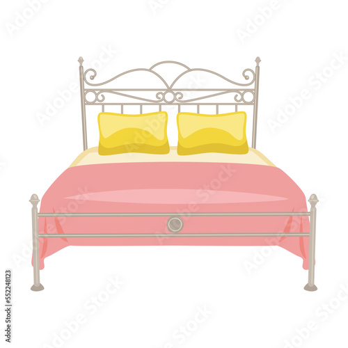 Bed with headboard and blanket. Vector illustration of furniture for home or hotel interior isolated on white