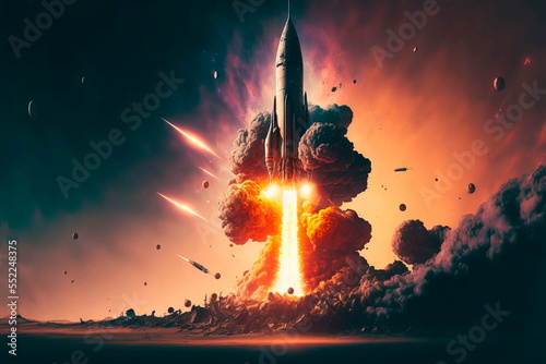 Apocalypse in space, destroying cosmic object.Combat rocket takes the planet. The concept