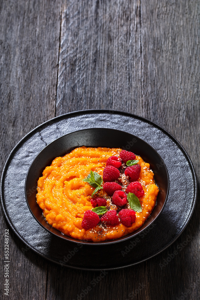 Sweet Potato Mash topped with fresh Raspberries Sweet Potato Mash topped with fresh Raspberries