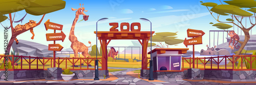 Cute african animals in Zoo. Zoology park entrance with wooden arch, cashier booth with monkey, giraffe, cheetah, hippo and hyena behind fence, vector cartoon illustration