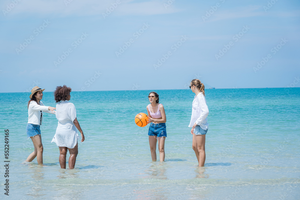 Happy female friends enjoy and fun outdoor activity lifestyle on holiday travel vacation at the sea.