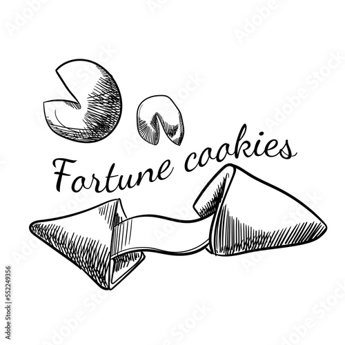 Chinese fortune cookies set. Hand-drawn black and white vector illustration isolated. Vector icon with chinese food.