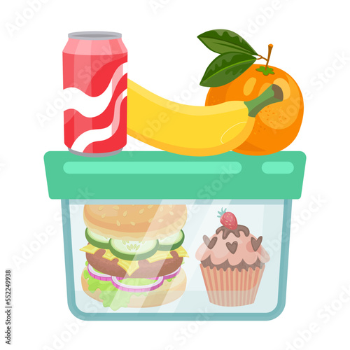 Bag for kids with food cartoon illustration. Lunch boxes with muffins, juice, cookies and apples isolated on white background