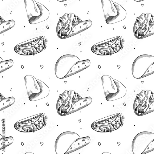Tacos seamless pattern, hand drawn illustration. Mexican cuisine. Fast food menu design. Tacos hand drawn. Mexican food. Design for fashion , fabric, textile, wallpaper, cover. Vector illustration.
