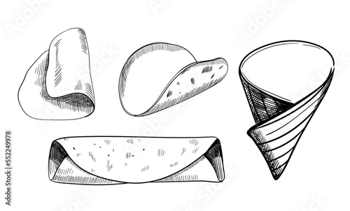 Wheat pita bread set. Ingredient for cook tortilla, burrito, taco, burritos, tacos. Realistic loaves. Food design. Stylish design with sketch illustration. Vector illustration.