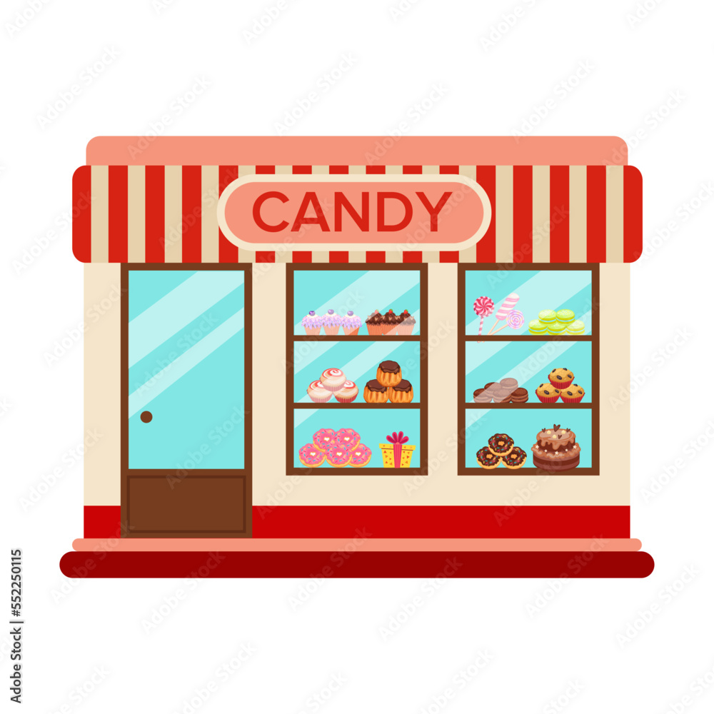 Fototapeta premium Candy store. Shop and cafe exterior. Vector illustration of commercial building on city street isolated on white. Local business