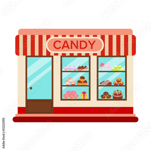 Candy store. Shop and cafe exterior. Vector illustration of commercial building on city street isolated on white. Local business
