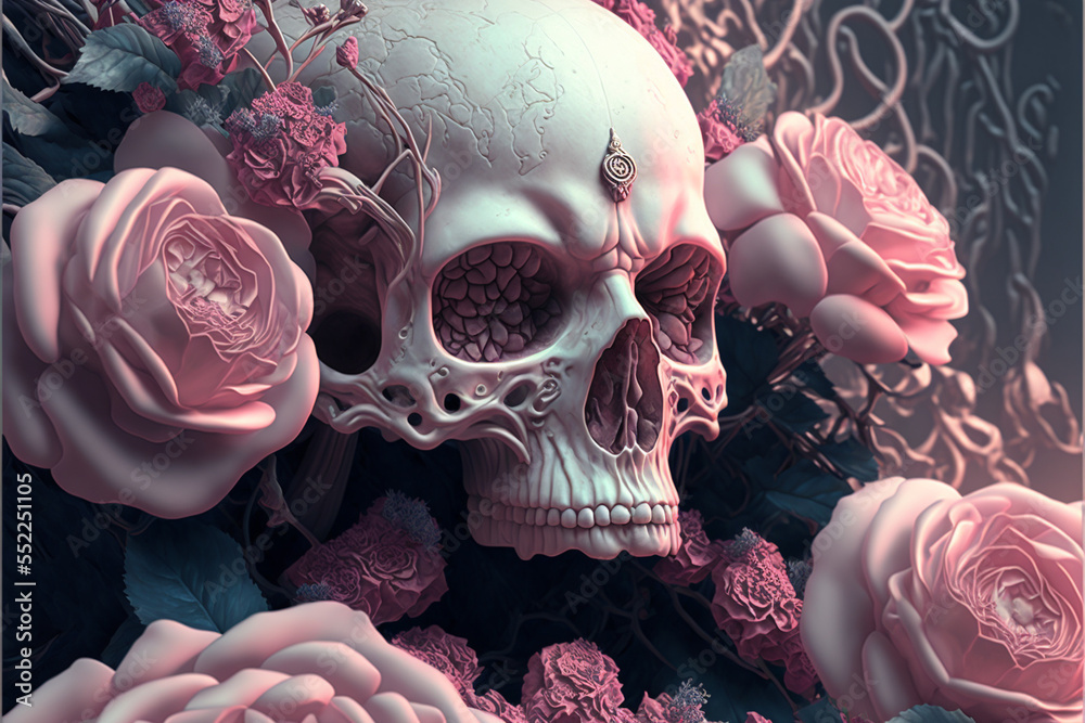 Abstract, surreal, elegant skull with pink roses.Digital art Stock  Illustration | Adobe Stock