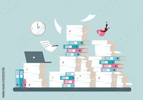 Stack of documents, papers and folders on the desktop. The concept of recycling, career growth, professional burnout. Flat vector illustration isolated.