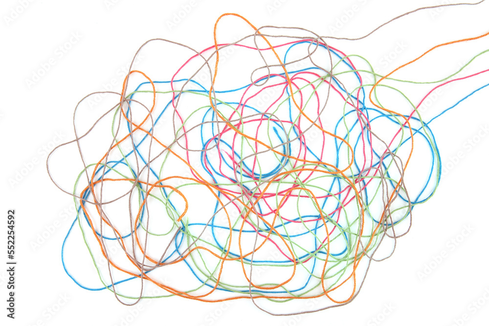 Tangled colorful cotton threads isolated on white background. Abstract thread lines chaos pattern. Tangled colorful cotton threads isolated on white background. Abstract thread lines chaos pattern.