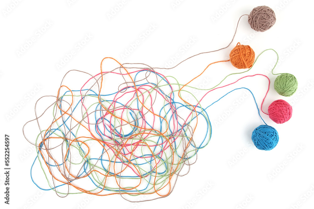 Tangled colorful cotton threads isolated on white background. Abstract thread lines chaos pattern. - obrazy, fototapety, plakaty 