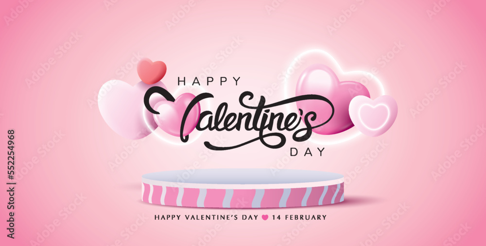 3D illustration of Valentines Day and pink theme product display background with 3d heart decoration and podium. 3D illustration of Valentines Day and pink theme product display background with 3d heart decoration and podium.