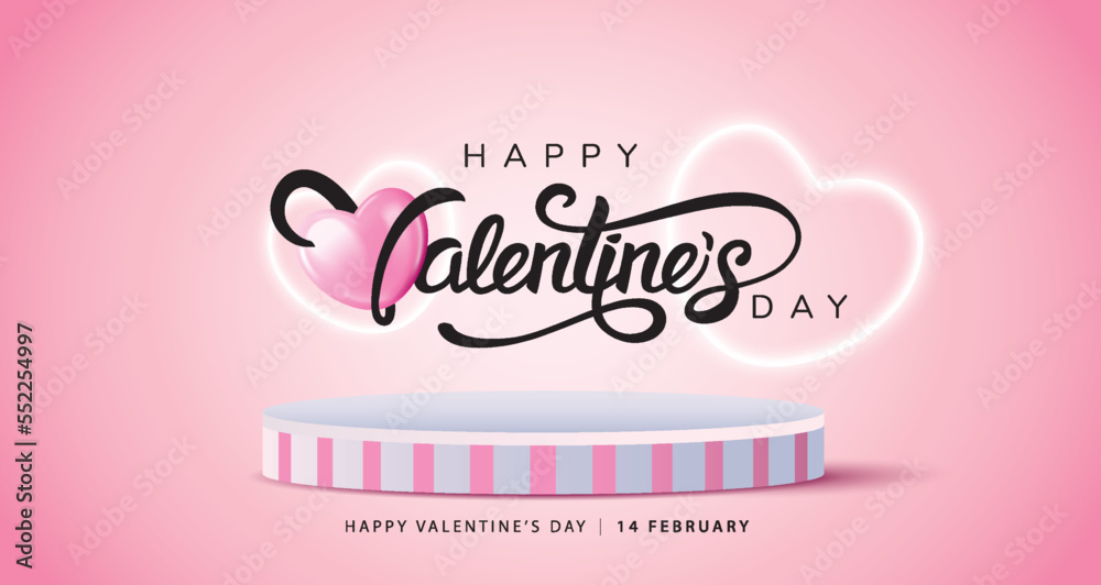 3D illustration of Valentines Day and pink theme product display background with 3d heart decoration and podium. 3D illustration of Valentines Day and pink theme product display background with 3d heart decoration and podium.