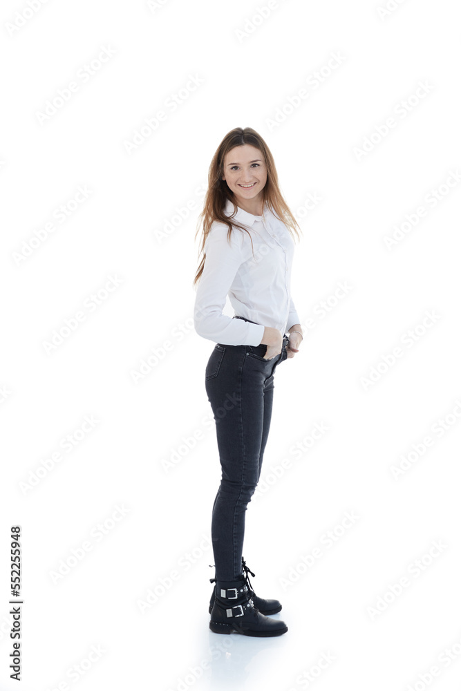 side view. attractive girl in jeans looking forward . side view. attractive girl in jeans looking forward .