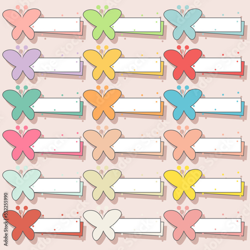 Cute blank paper note tag. Butterfly label banner set. illustration.