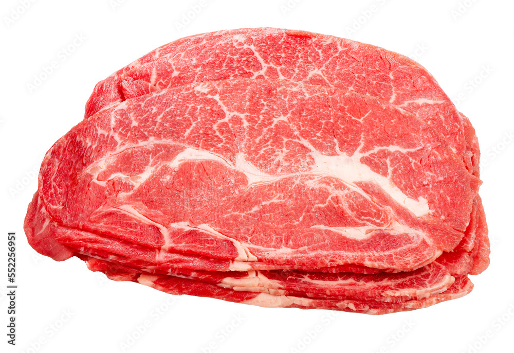 Rare Sliced Wagyu beef with marbled texture on white background, Sliced Wagyu beef on white background PNG File.