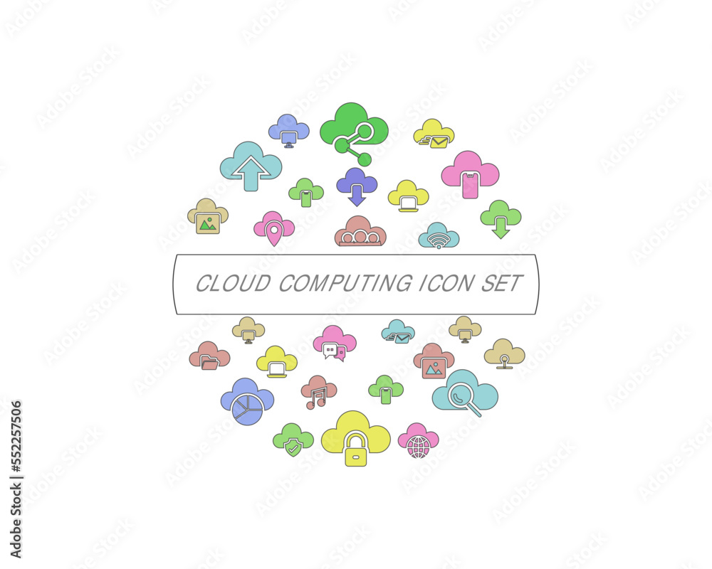 Cloud computing. Internet technology. Online services. Data, information security. Connection. Simple Set of Computer Cloud Related Vector Line Icons. Contains such Icons as Data Synchronization.