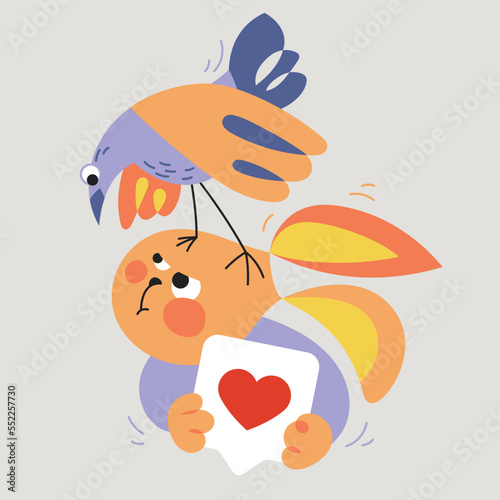 Valentine's Day card with bunny, heart and bird. A cartoon with a rabbit hides a like from a crow. A greedy bunny with a Valentine and a curious hen on his head