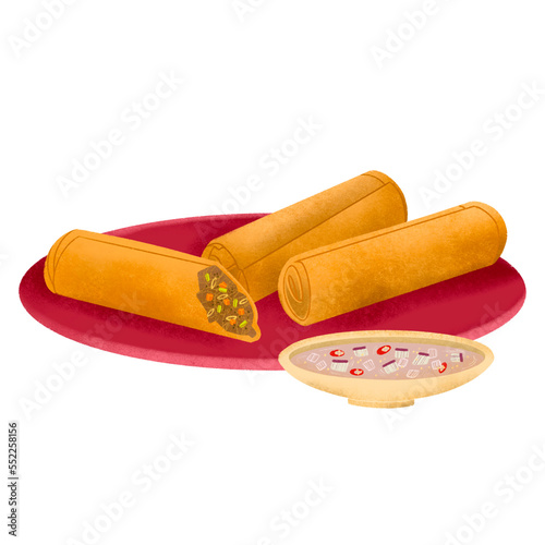 Filipino lumpia (fried spring roll) on red plate with vinegar