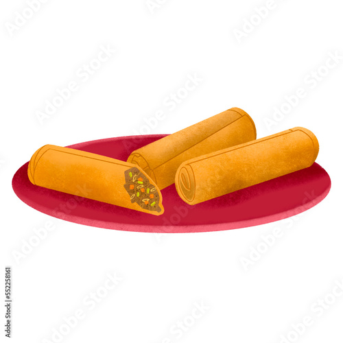 Filipino lumpia (fried spring roll) on red plate