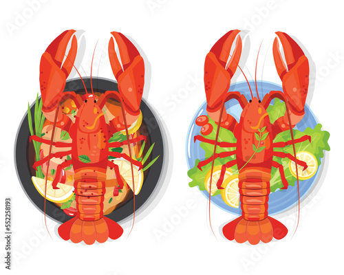 Boiled lobster salad, Cartoon vector seafood illustration.