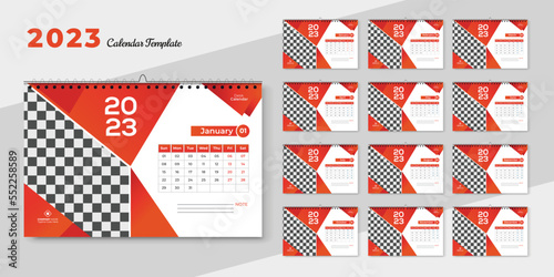 Set of 2023 Calendar Planner Template with Place for Photo and Company Logo. Vector layout of a wall or desk simple calendar with week start Sunday or desk calendar 2023 for your company business.