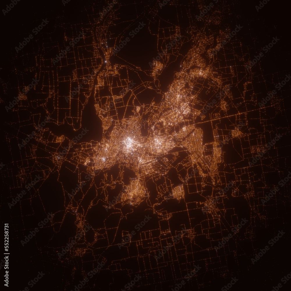 Obraz premium Kryvyi Rih (Ukraine) street lights map. Satellite view on modern city at night. Imitation of aerial view on roads network. 3d render