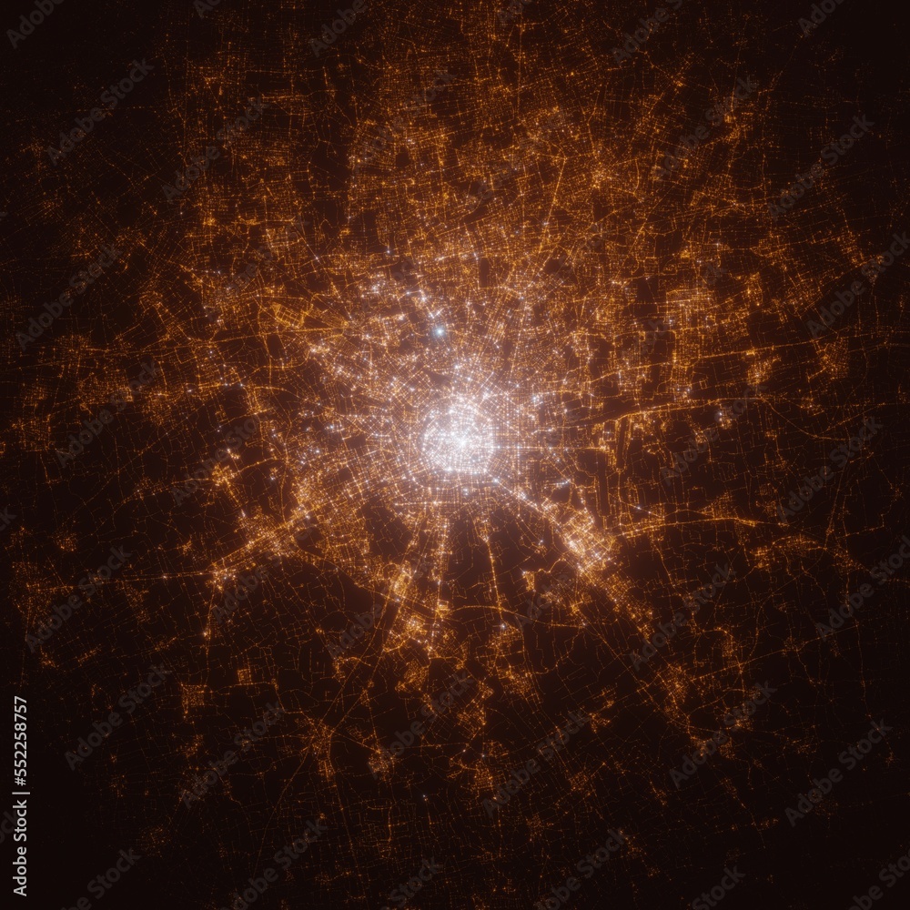 Fototapeta premium Milan (Italy) street lights map. Satellite view on modern city at night. Imitation of aerial view on roads network. 3d render