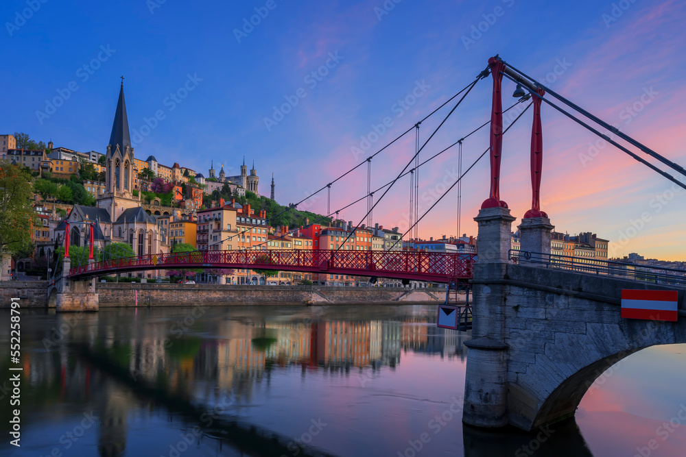 Famous red footbridge in the morning, Lyon