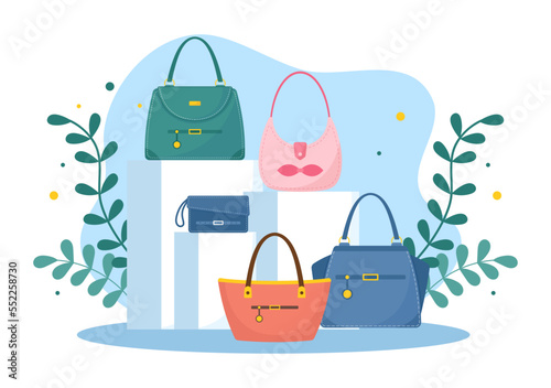 Handbag Store with Collection of Various Quality Bags and Different Types of Lifestyle in Flat Hand Drawn Cartoon Template Illustration