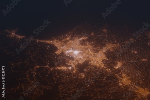 Aerial shot of Sapporo (Japan) at night, view from south. Imitation of satellite view on modern city with street lights and glow effect. 3d render