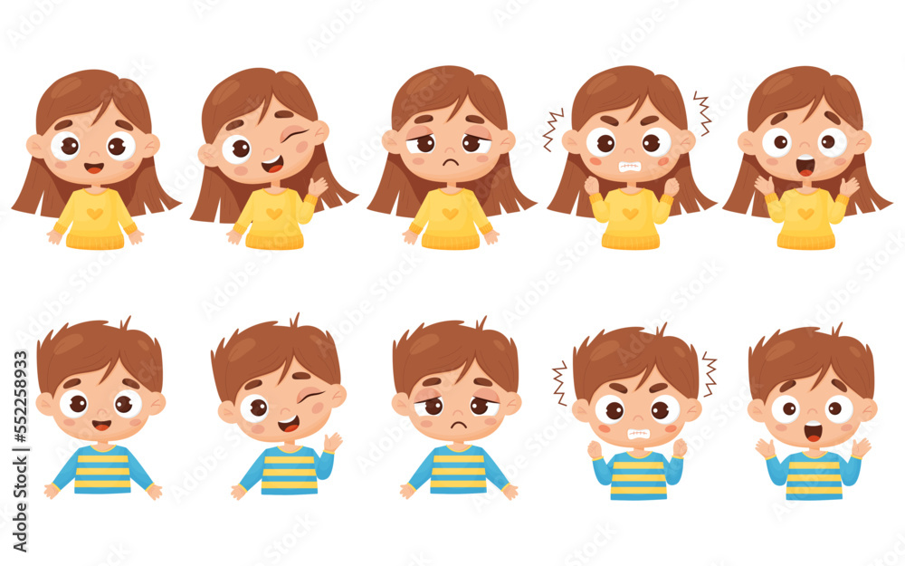 Set kids emotions. Portraits of cute boy and girl with different facial expressions and feelings - happiness, anger, smile, delight, wonder. Vector isolated illustration cartoon style for design. Set kids emotions. Portraits of cute boy and girl with different facial expressions and feelings - happiness, anger, smile, delight, wonder. Vector isolated illustration cartoon style for design.