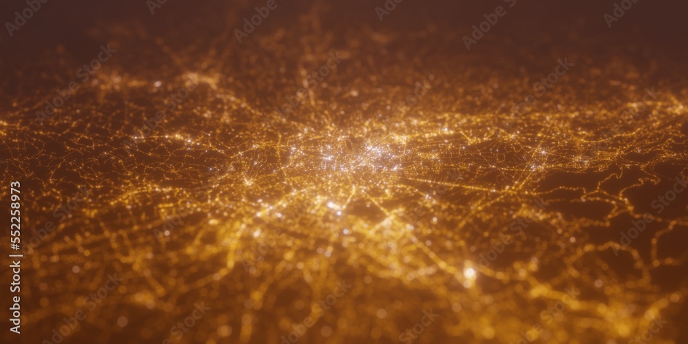 Street lights map of Salzburg (Austria) with tilt-shift effect, view from west. Imitation of macro shot with blurred background. 3d render, selective focus Street lights map of Salzburg (Austria) with tilt-shift effect, view from west. Imitation of macro shot with blurred background. 3d render, selective focus