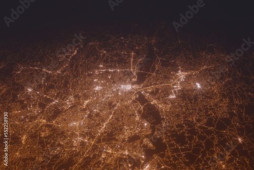 Aerial shot of Hartford (Connecticut, USA) at night, view from south. Imitation of satellite view on modern city with street lights and glow effect. 3d render