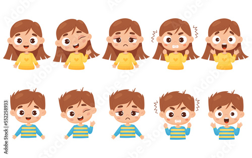 Set kids emotions. Portraits of cute boy and girl with different facial expressions and feelings - happiness, anger, smile, delight, wonder. Vector isolated illustration cartoon style for design.