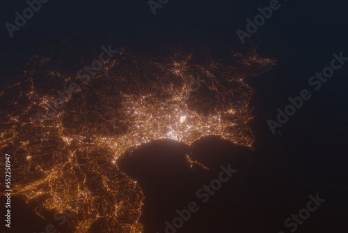 Fototapeta Naklejka Na Ścianę i Meble -  Aerial shot on Marseille (France) at night, view from west. Imitation of satellite view on modern city with street lights and glow effect. 3d render