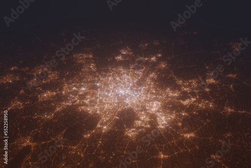 Aerial shot of Munich (Germany) at night, view from south. Imitation of satellite view on modern city with street lights and glow effect. 3d render