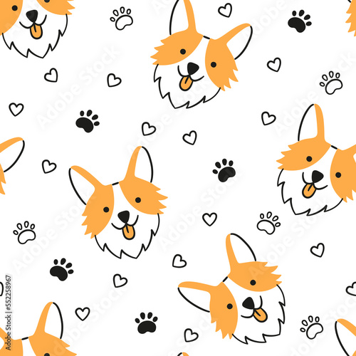 Dogs seamless pattern with face of Corgi. Texture with dog heads. Hand drawn vector illustration in doodle style on white background.