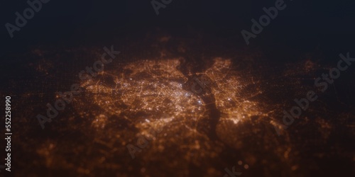 Street lights map of Kyiv (Ukraine) with tilt-shift effect, view from south. Imitation of macro shot with blurred background. 3d render, selective focus