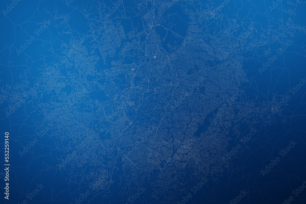 Stylized map of the streets of Ibadan (Nigeria) made with white lines on abstract blue background lit by two lights. Top view. 3d render, illustration