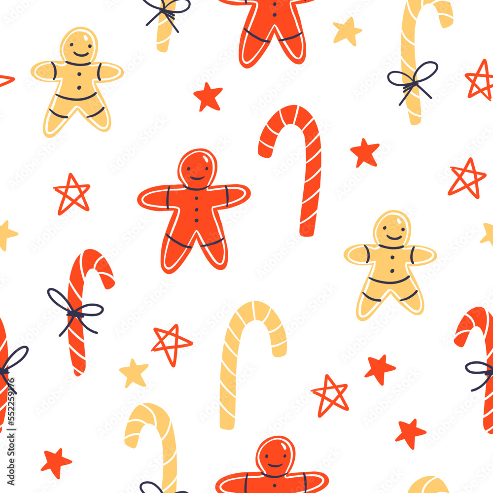 Fototapeta premium Vector seamless pattern with bright red and yellow gingerbread men and striped canes and stars. Ideal for Christmas holidays cards, posters, banners and other graphic and web design