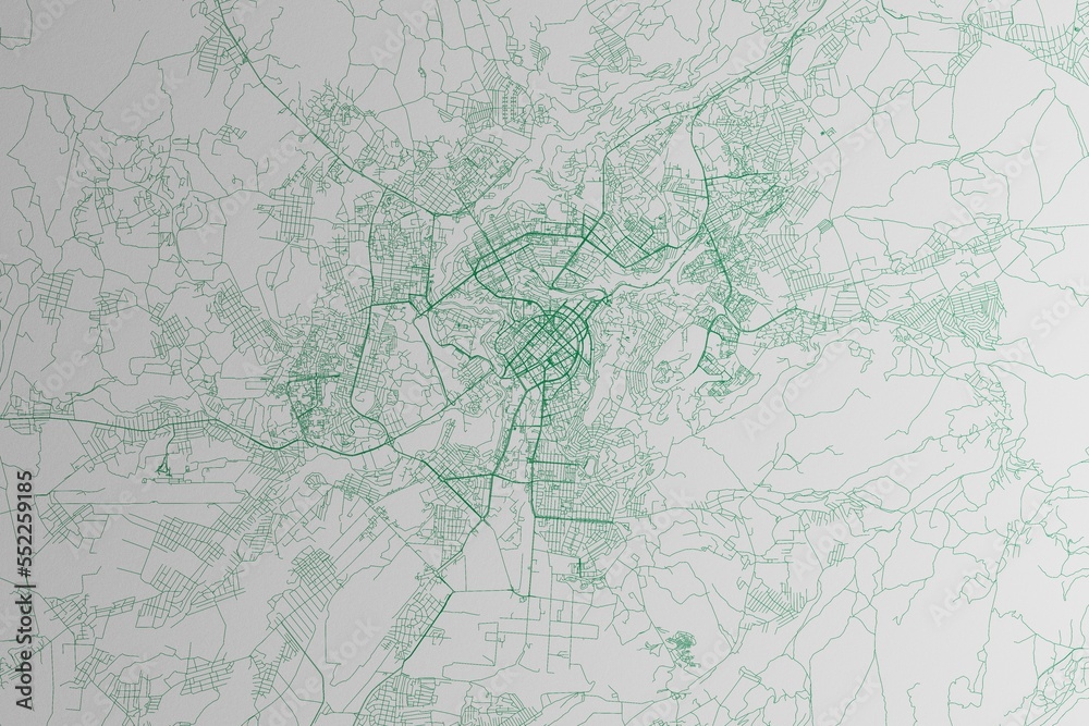 Obraz premium Map of the streets of Yerevan (Armenia) made with green lines on white paper. 3d render, illustration