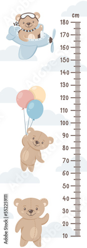 Vector ruler for measuring growth in children. Cute teddy bears fly on a plane and balloons 