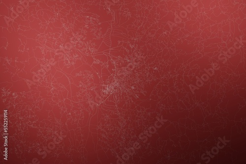Map of the streets of Antananarivo (Madagascar) made with white lines on abstract red background lit by two lights. Top view. 3d render, illustration