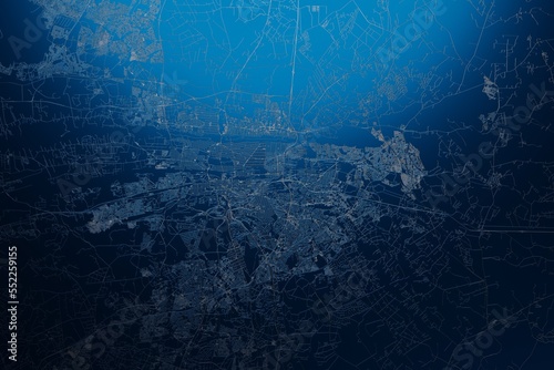Street map of Pretoria (South Africa) engraved on blue metal background. View with light coming from top. 3d render, illustration