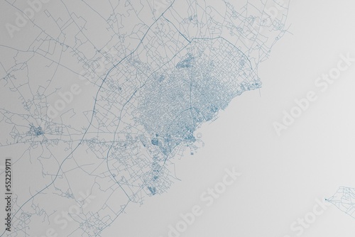 Map of the streets of Sfax (Tunisia) made with blue lines on white paper. 3d render, illustration